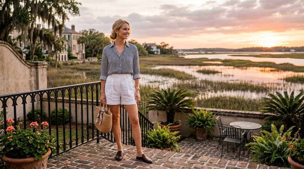 Striped Silk Button-Down & White Pleated Shorts